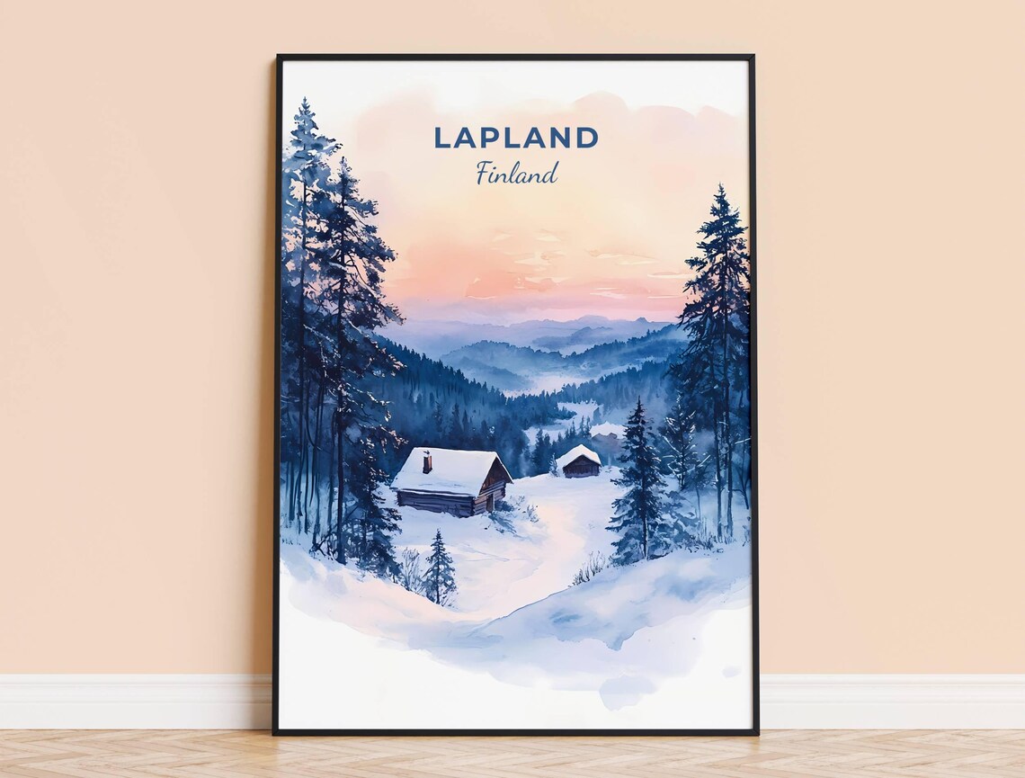 Lapland Finland Watercolor Snowy Cabins Pink Winter Sunset Poster