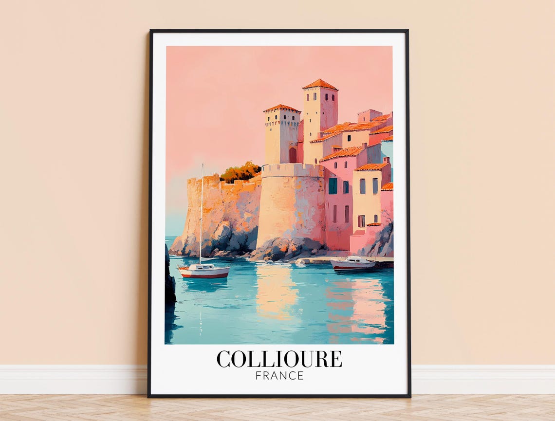 Collioure France Pink Sunset Harbor Castle Coastal Travel Poster