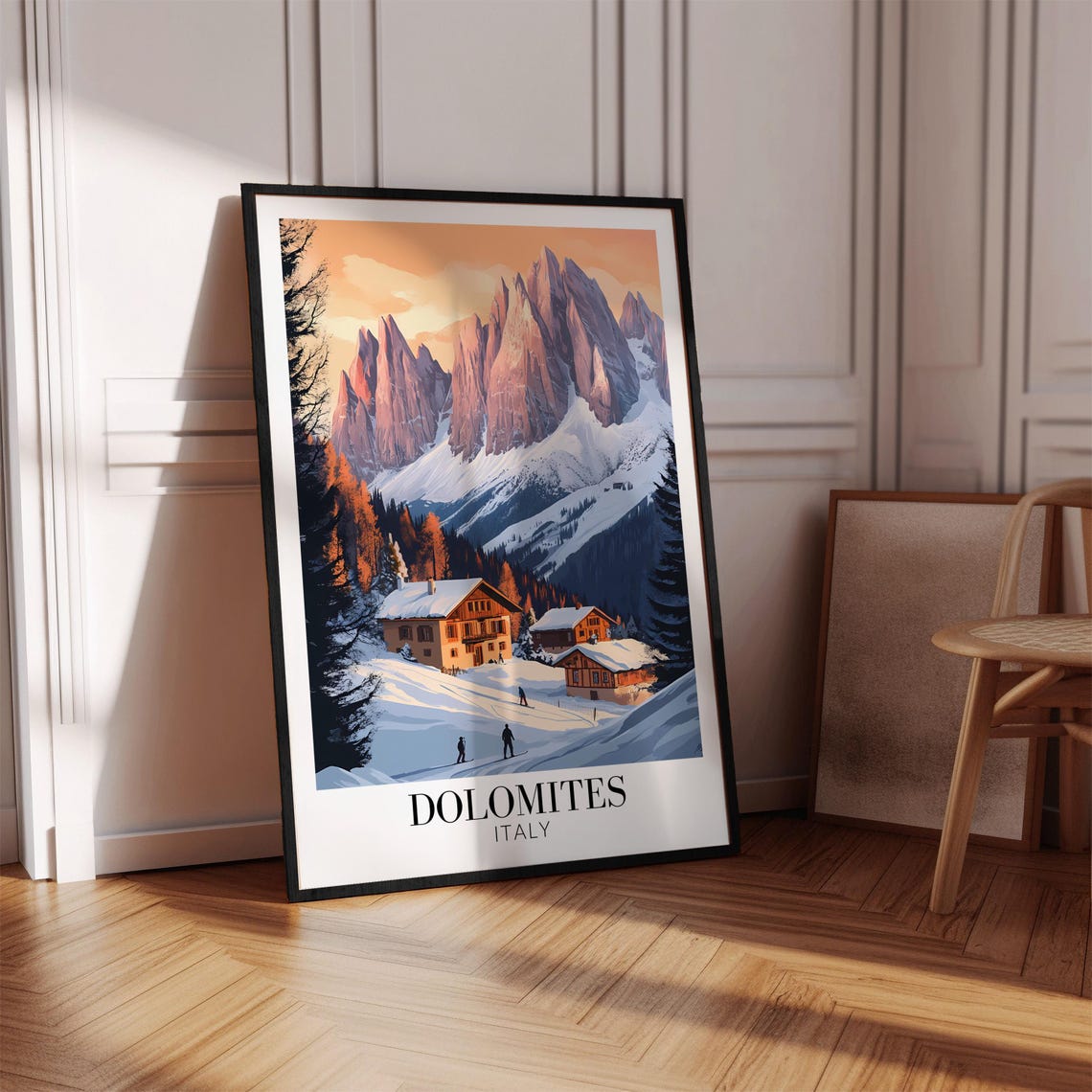 Dolomites Snowy Peaks Alpine Chalets Evening Glow Travel Poster - Image 2