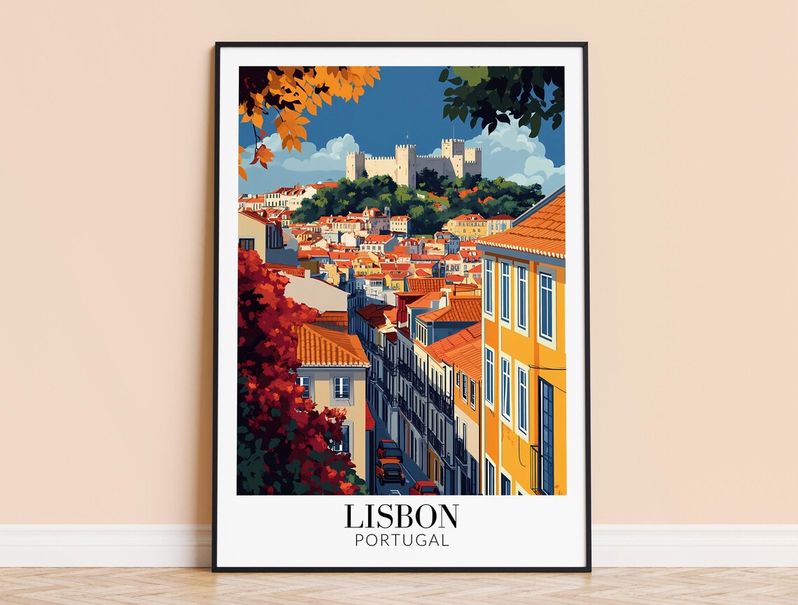 Lisbon Alfama Street Sao Jorge Castle Hilltop View Travel Poster