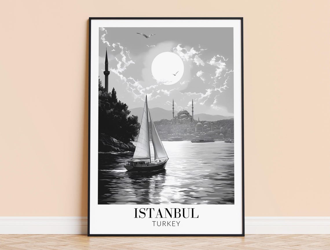 Istanbul Turkey Sailboat and Mosque Skyline Monochrome Poster