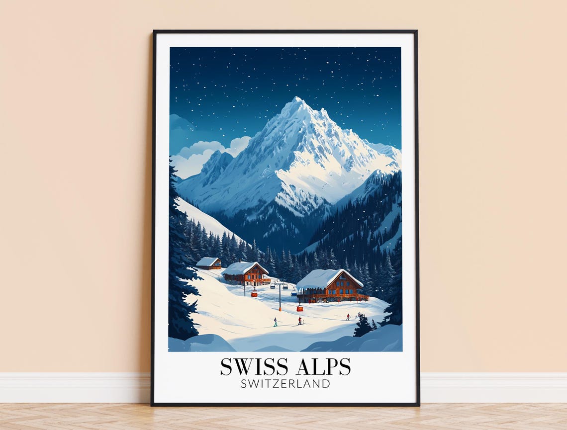 Swiss Alps Starry Night Ski Chalets Snowy Peak Travel Poster