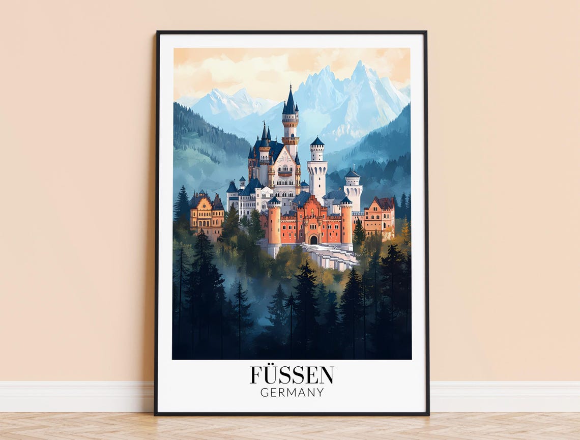 Füssen Germany Fairytale Castle in the Alps Vintage Travel Poster