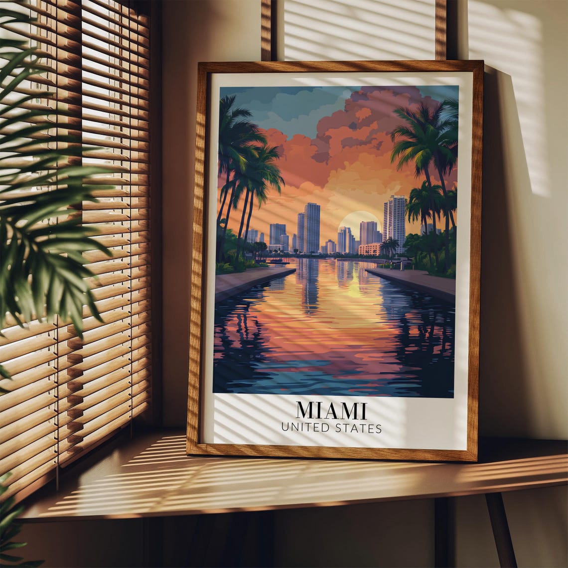 Miami Sunset Skyline Palm Trees Waterfront Vintage Travel Poster - Image 4
