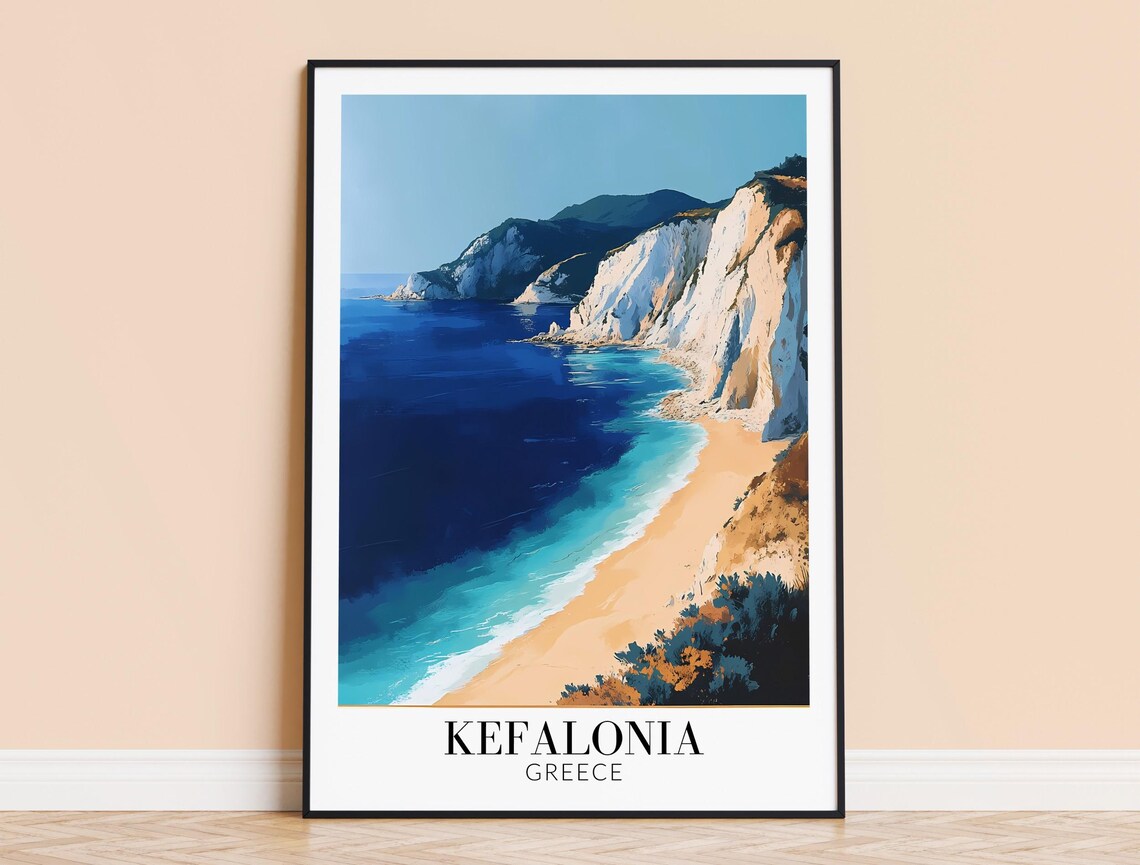 Kefalonia Greece White Cliff Beach Deep Blue Sea Dramatic Travel Poster