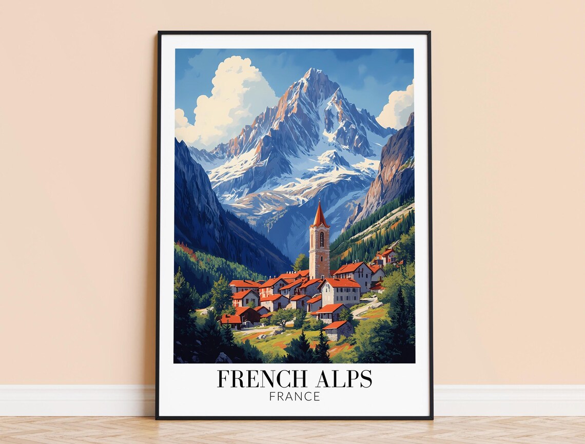 French Alps Village with Church Steeple Beneath Snowy Peak Poster