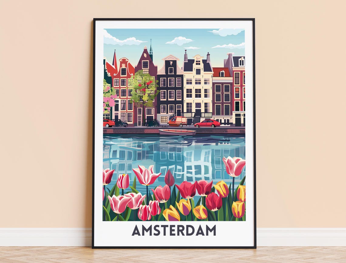 Amsterdam Canal Houses Tulips Netherlands Spring Cityscape Poster