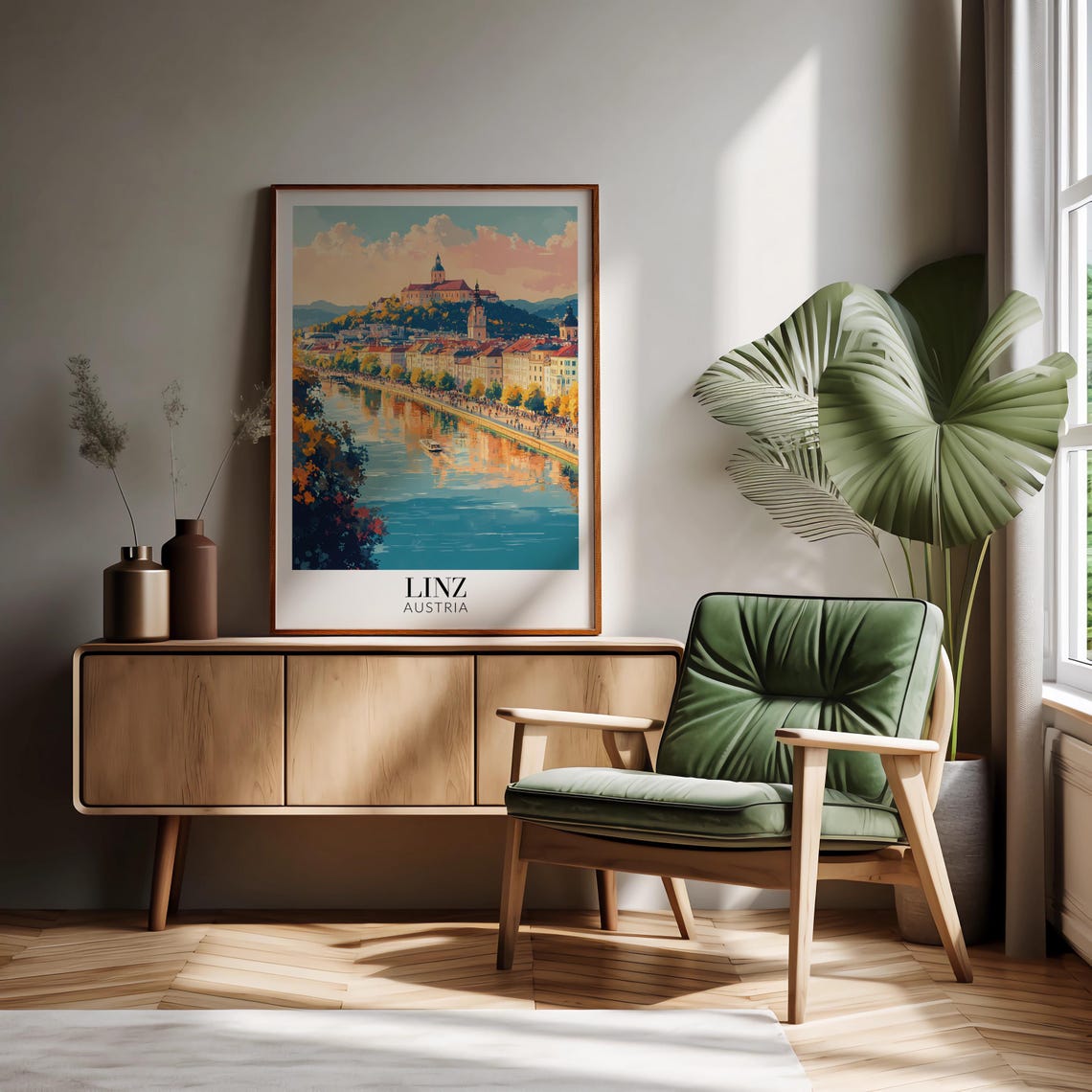 Linz Austria Danube Riverside Hilltop Church City Travel Poster - Image 3