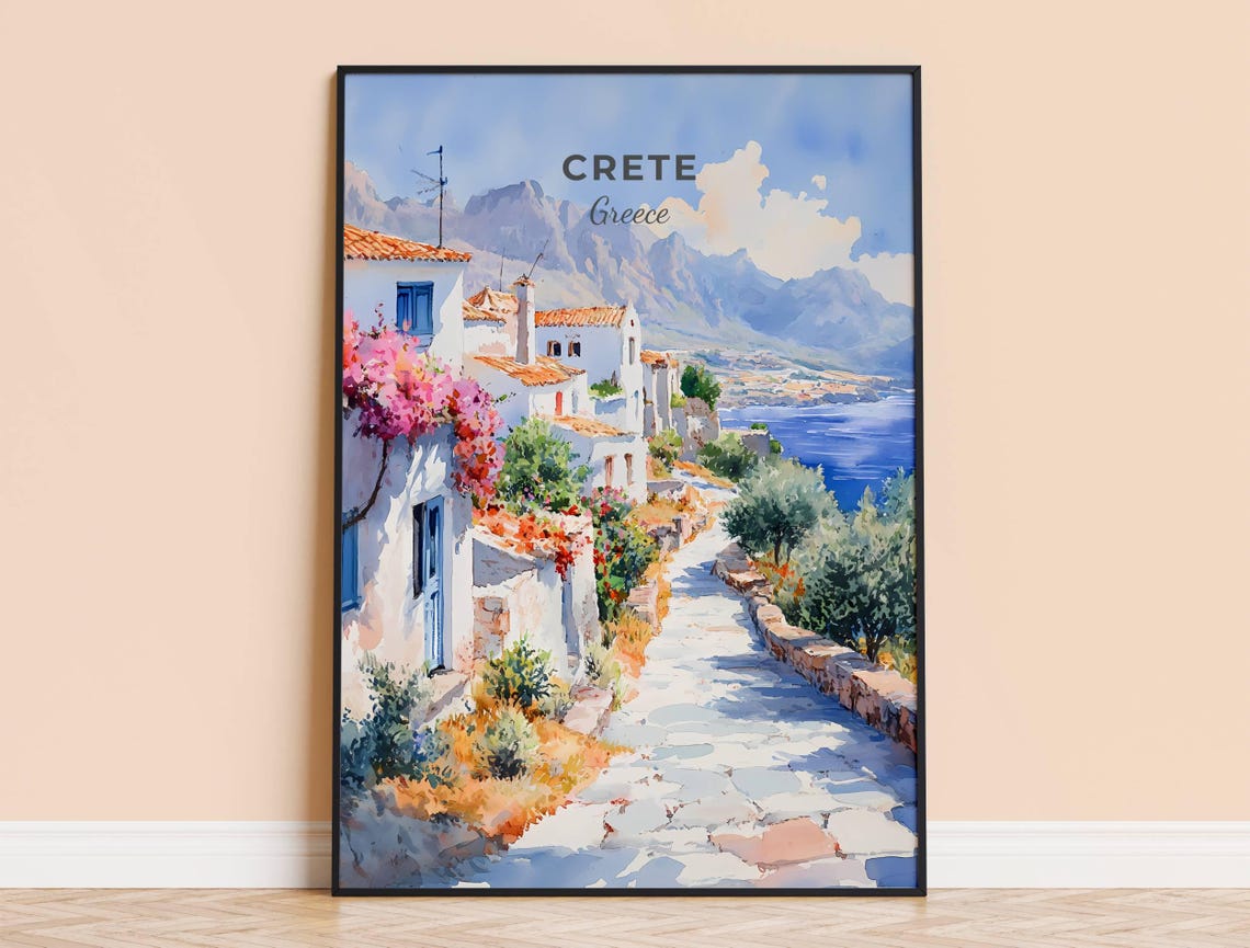 Crete Greece Whitewashed Village Coast Watercolor Travel Poster