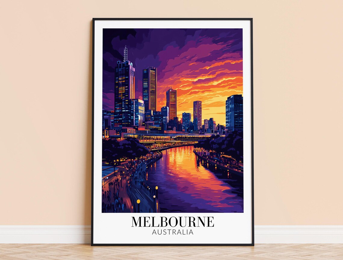 Melbourne Australia Purple Neon Night City Skyline Travel Poster
