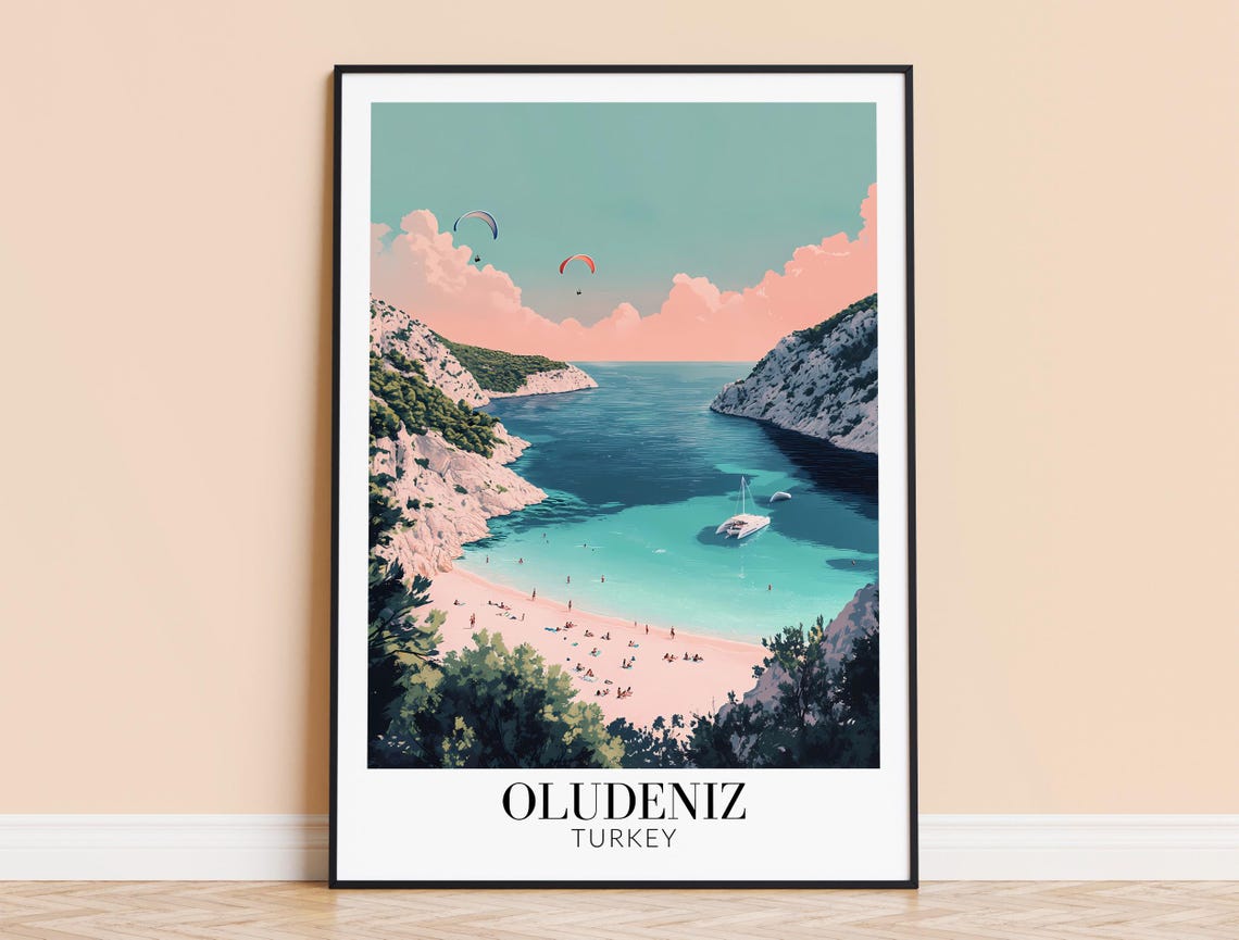 Oludeniz Turkey Blue Lagoon Beach Paragliders Cliffs Travel Poster