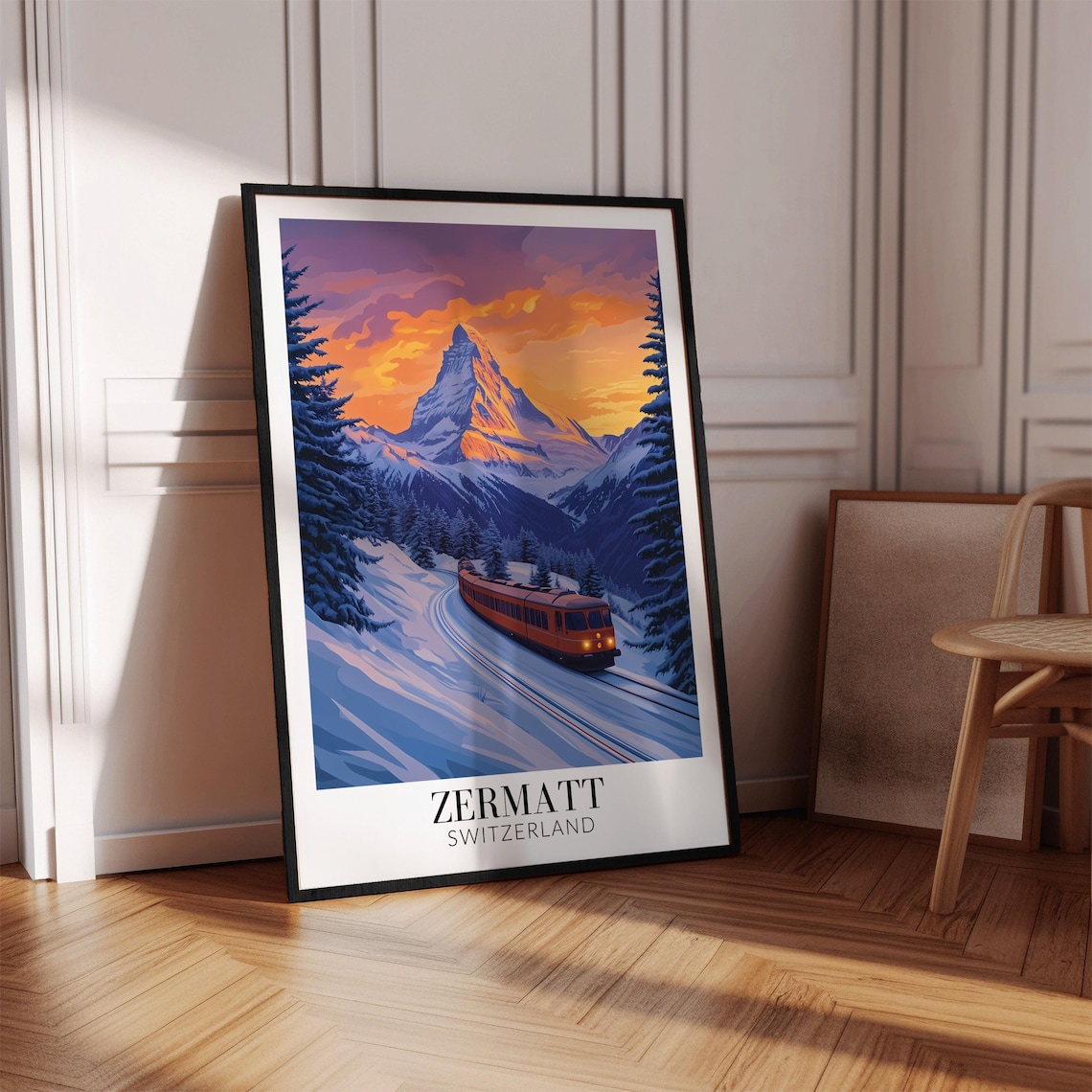 Zermatt Switzerland Cogwheel Train in Snowy Sunset Travel Poster - Image 4