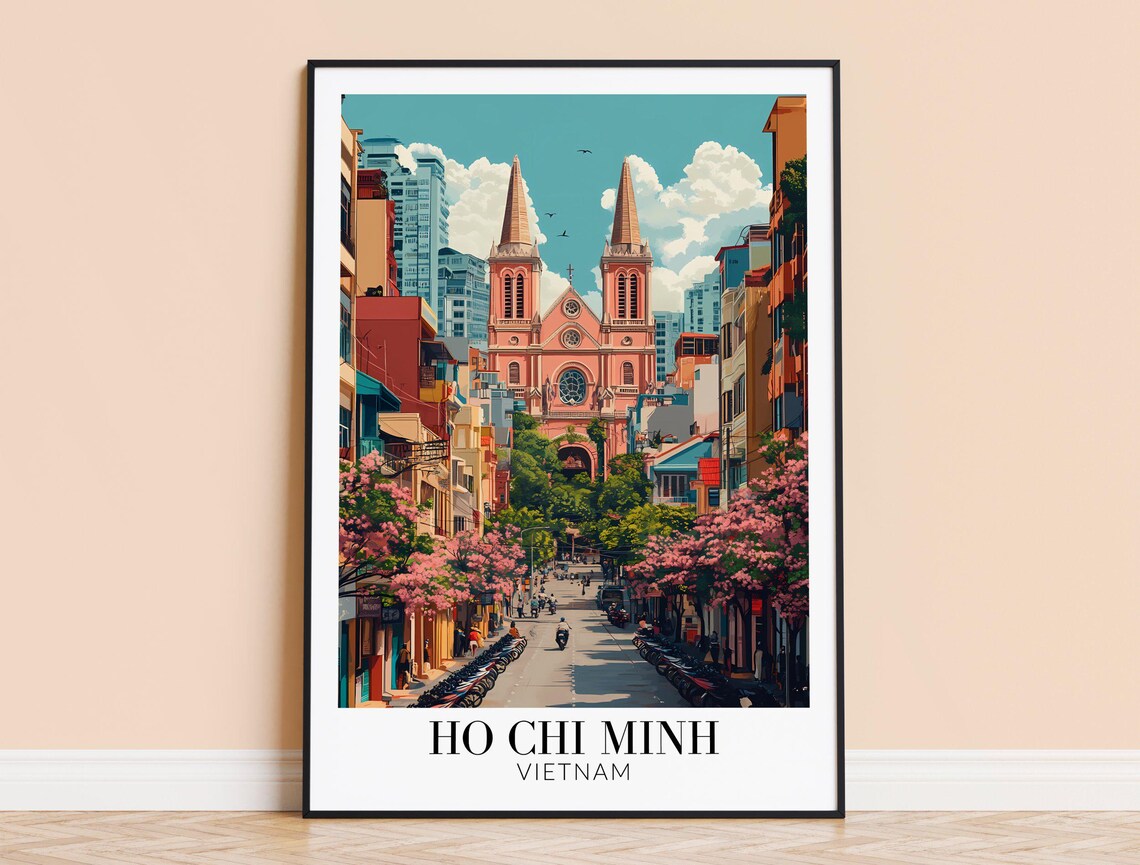 Ho Chi Minh Vietnam Pink Cathedral Street Vintage Travel Poster