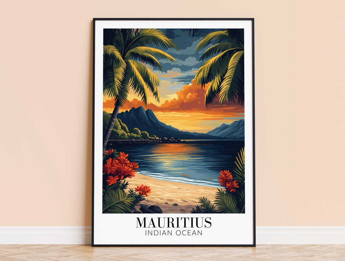 Mauritius Beach Sunset Palm Trees Lagoon Island Travel Poster