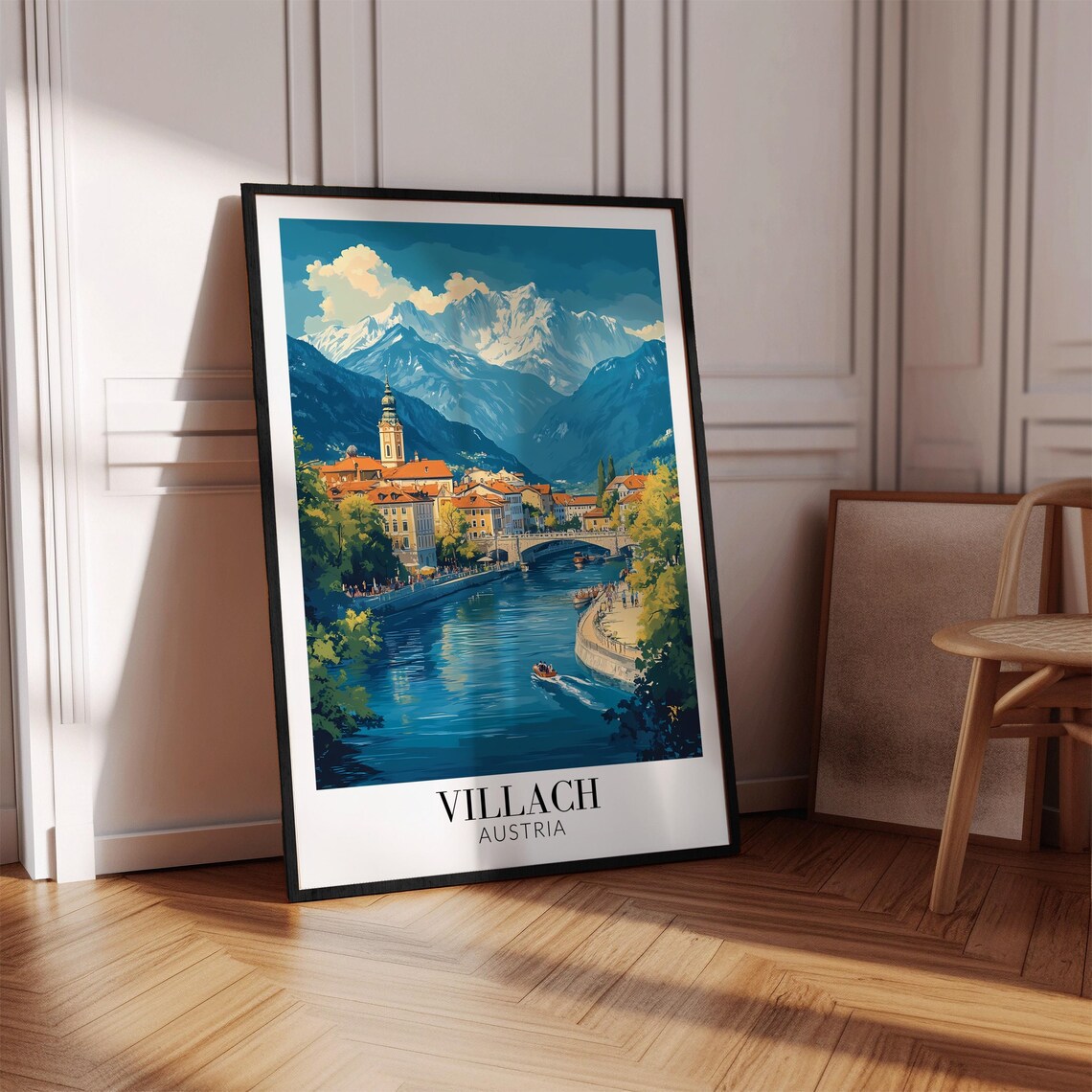 Villach Austria Calm River Church Snowy Alpine Mountains Poster - Image 2