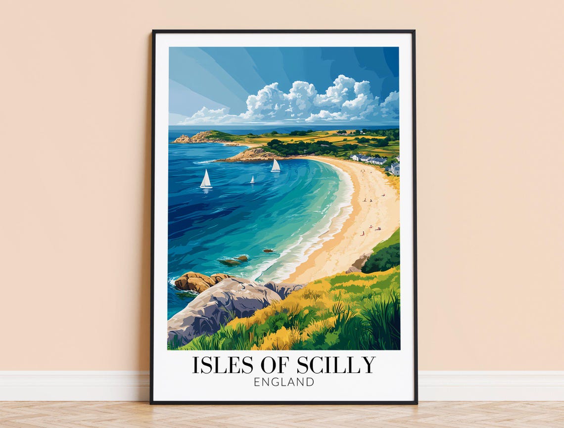Isles of Scilly England Sailboats Turquoise Bay Beach Travel Poster