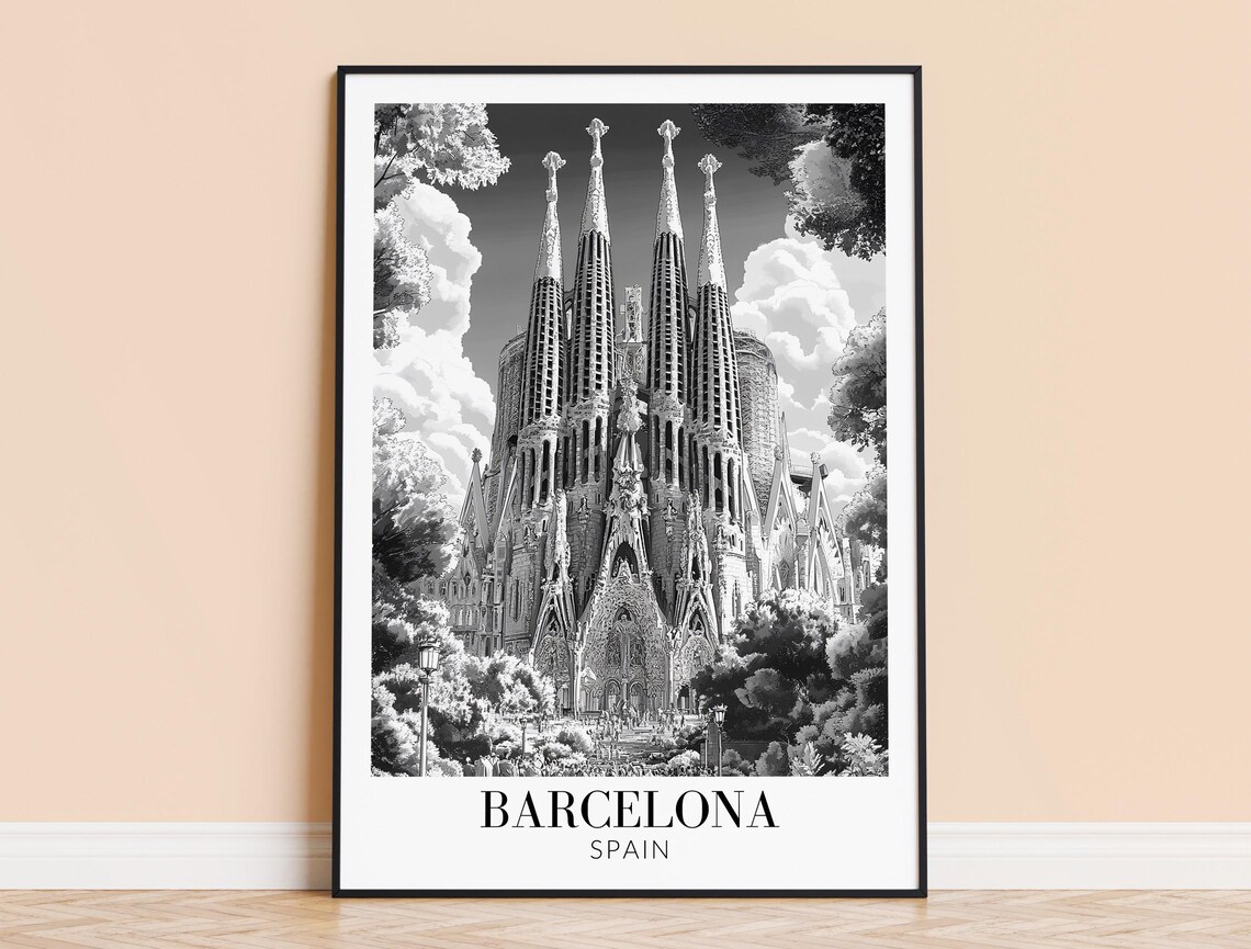 Barcelona Spain Sagrada Familia Spires Monochrome Travel Poster