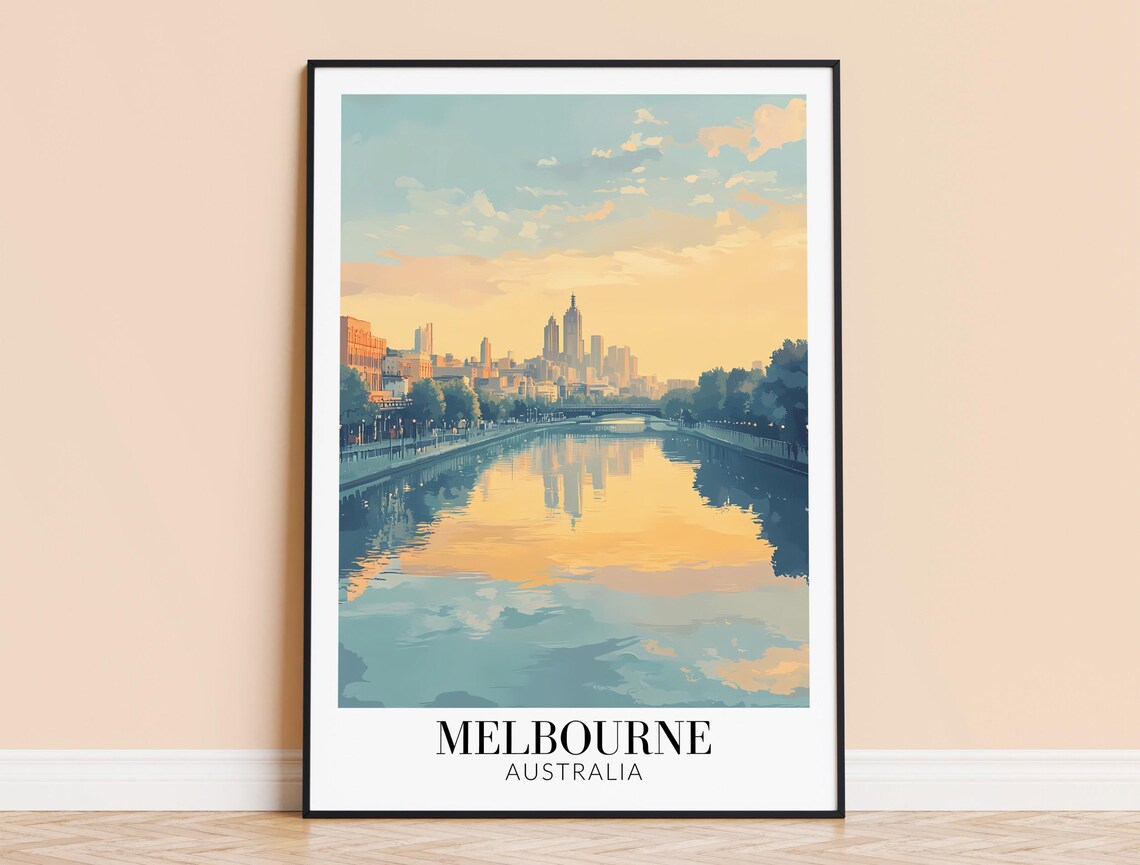 Melbourne Australia Yarra River Morning Golden Skyline Travel Poster