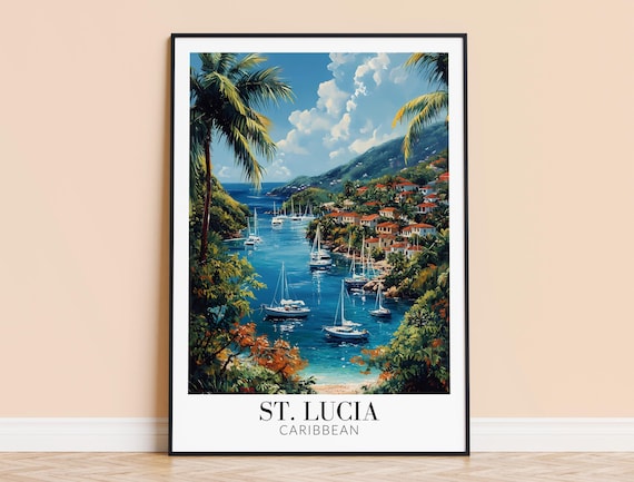 St Lucia Caribbean Palm Fringed Harbor Blue Bay Travel Poster