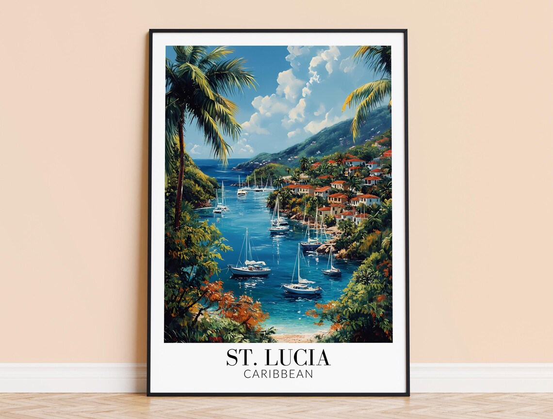 St Lucia Caribbean Palm Fringed Harbor Blue Bay Travel Poster