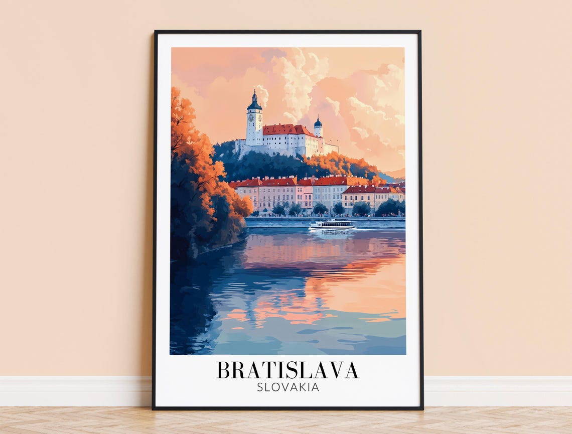 Bratislava Castle River Sunset Boat Pastel Minimalist Travel Poster