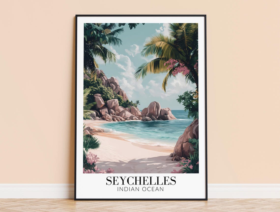 Seychelles Indian Ocean Granite Beach Palms Tropical Poster Art