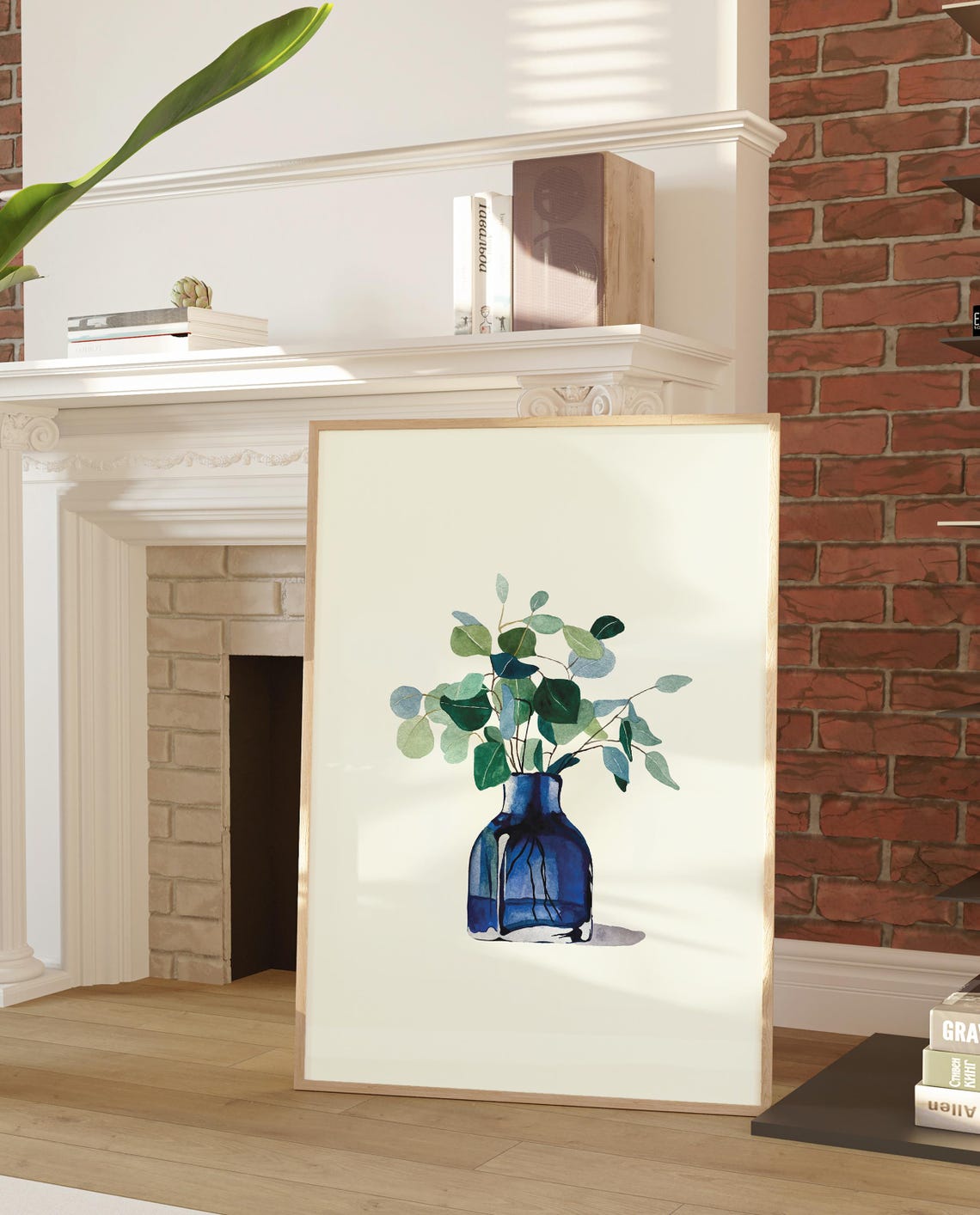 Watercolor Eucalyptus In Blue Glass Vase Minimalist Plant Poster - Image 3