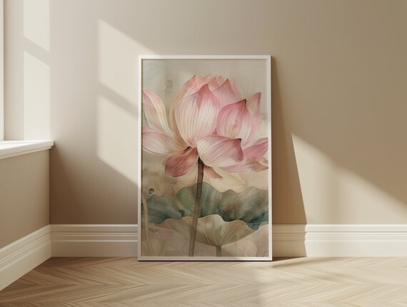 Pink Lotus Bloom Soft Neutral Vintage Watercolor Floral Poster Art