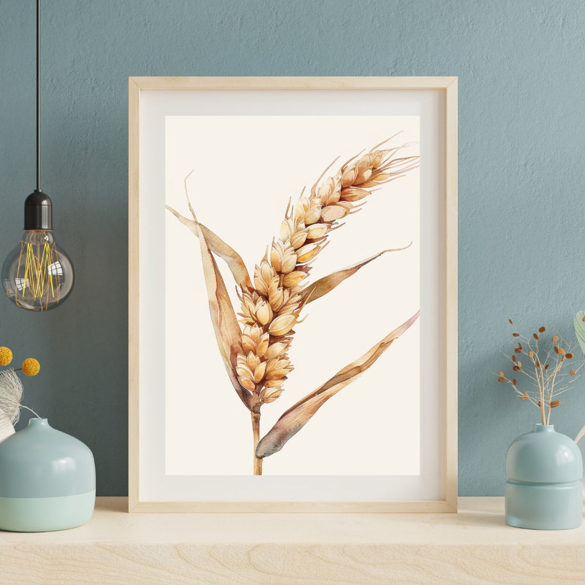 Single Golden Wheat Ear Minimalist Botanical Watercolor Study Poster - Image 2