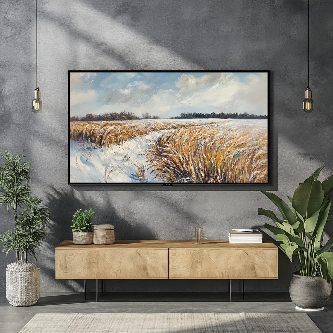Golden Winter Wheat Field Snow Impressionist Landscape Frame Poster