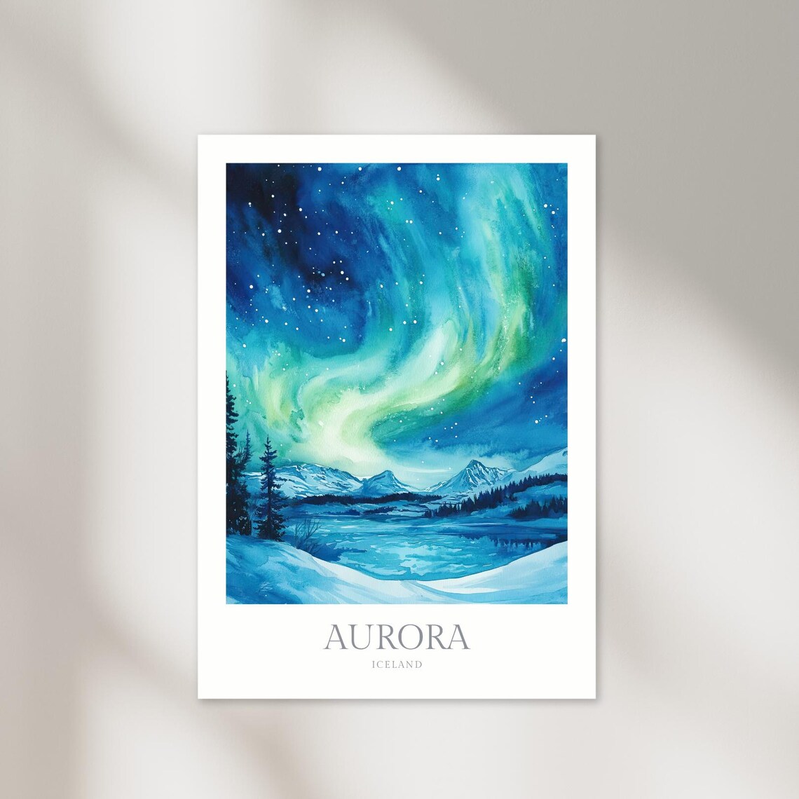 Aurora Iceland Watercolor Travel Poster, Art Print