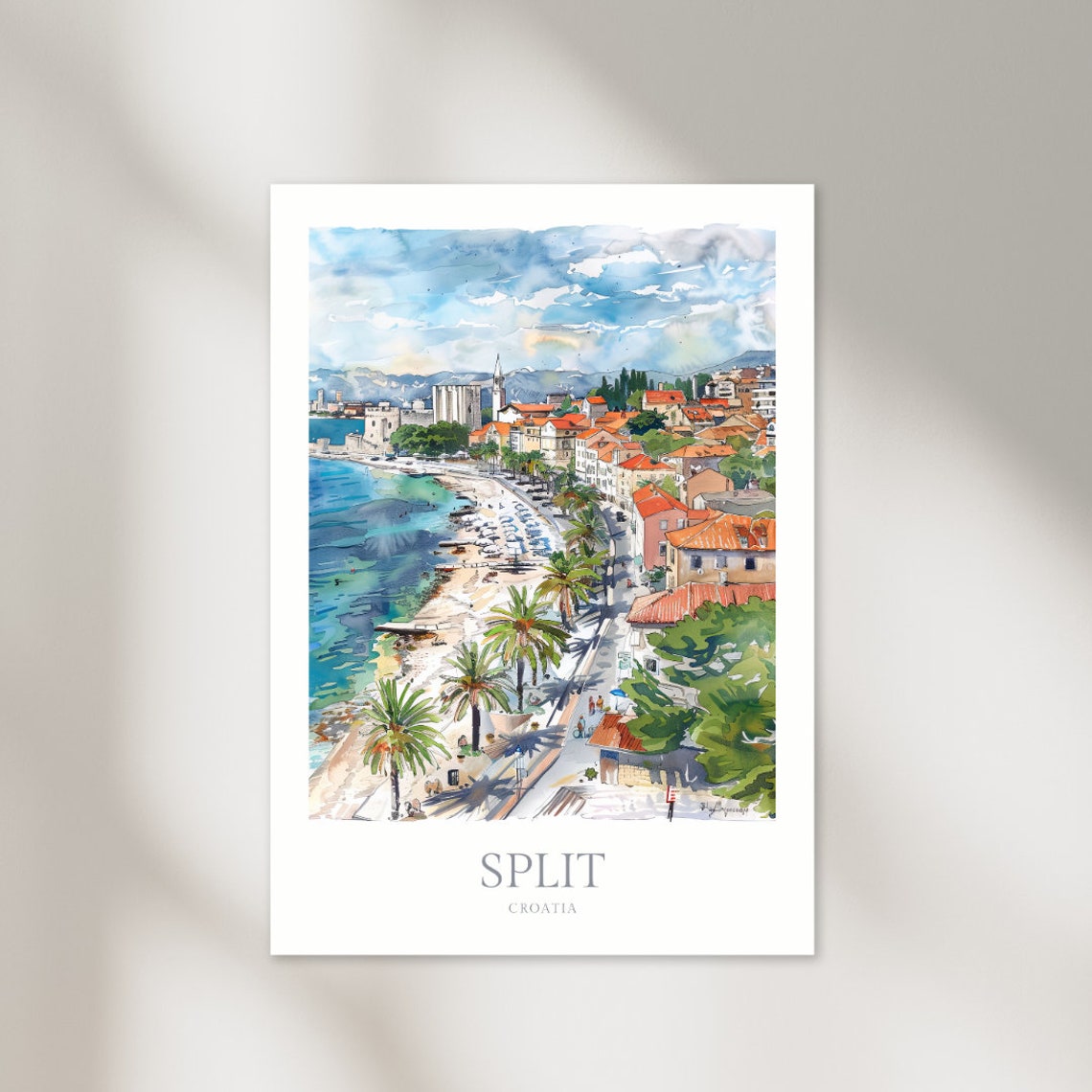 Split Croatia Watercolor Beach Palm Coast Promenade Travel Poster