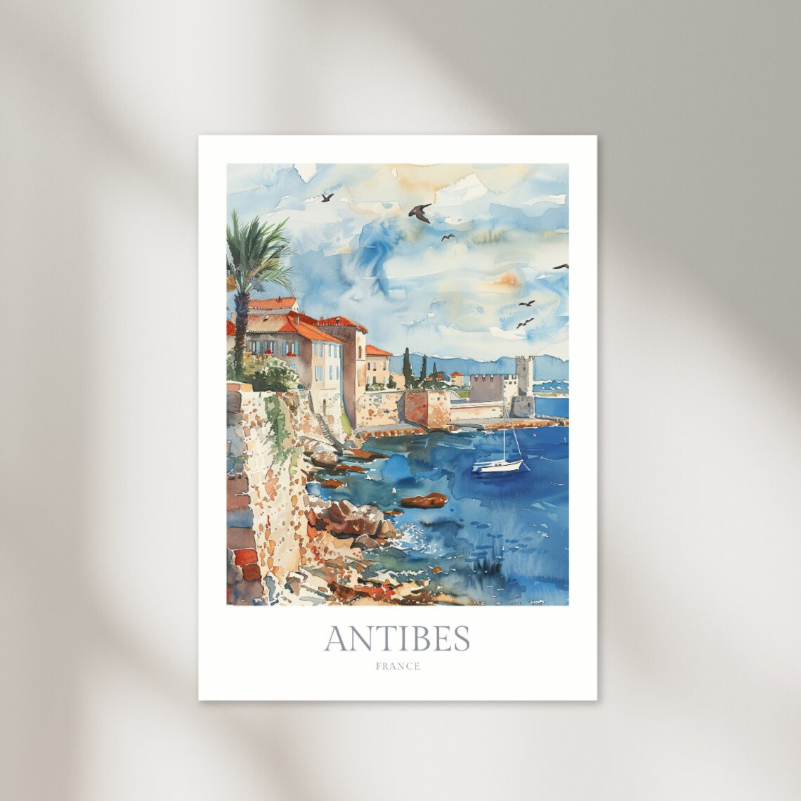 Antibes France Coastal Fort Harbor Sailboat Riviera Watercolor Poster