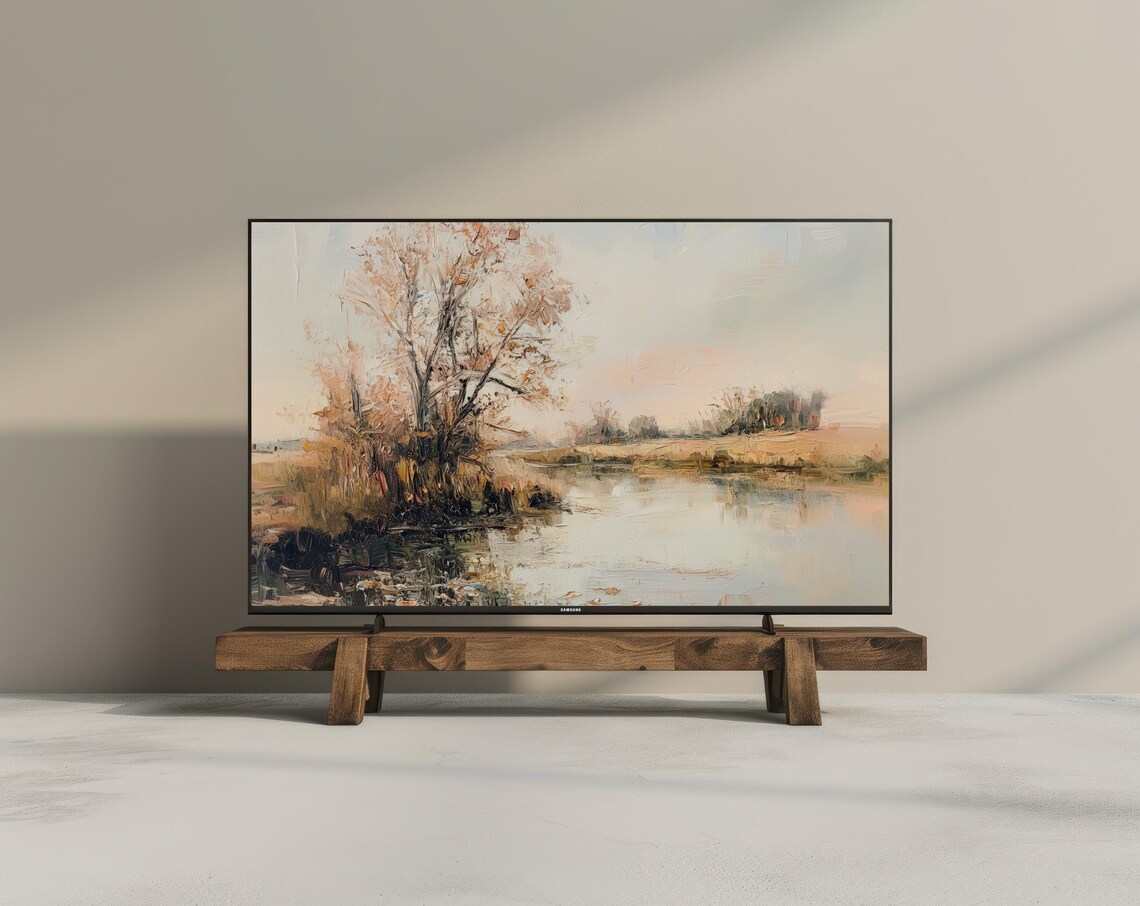 Autumn Lakeside Tree Vintage Oil Painting Style Digital Wall Art - Image 2