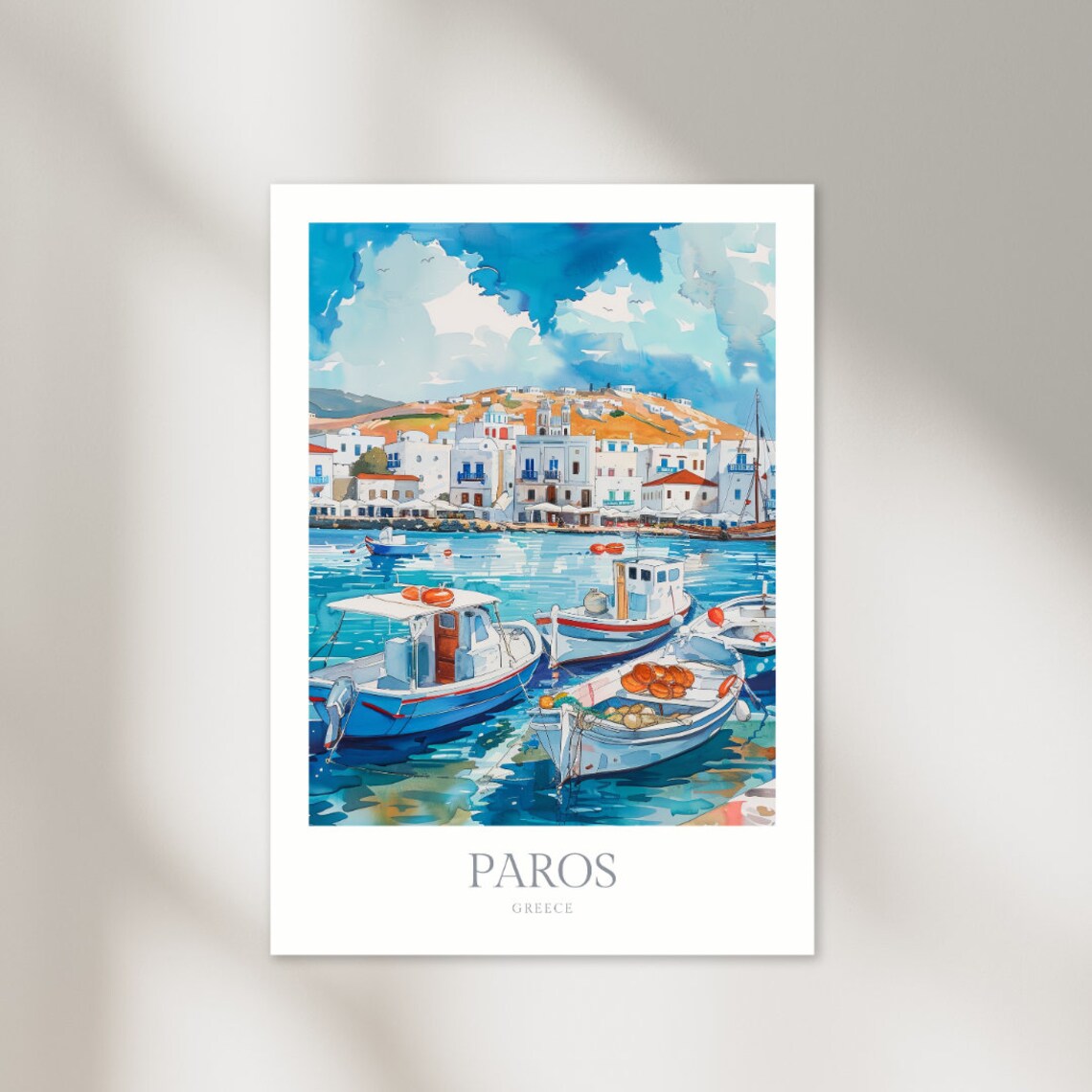 Paros Greece Watercolor Travel Poster, Home Decor
