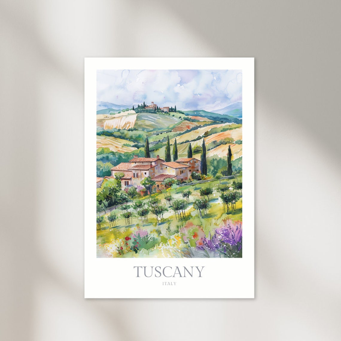 Tuscany Italy Rolling Hills Stone Villa Cypress Watercolor Poster