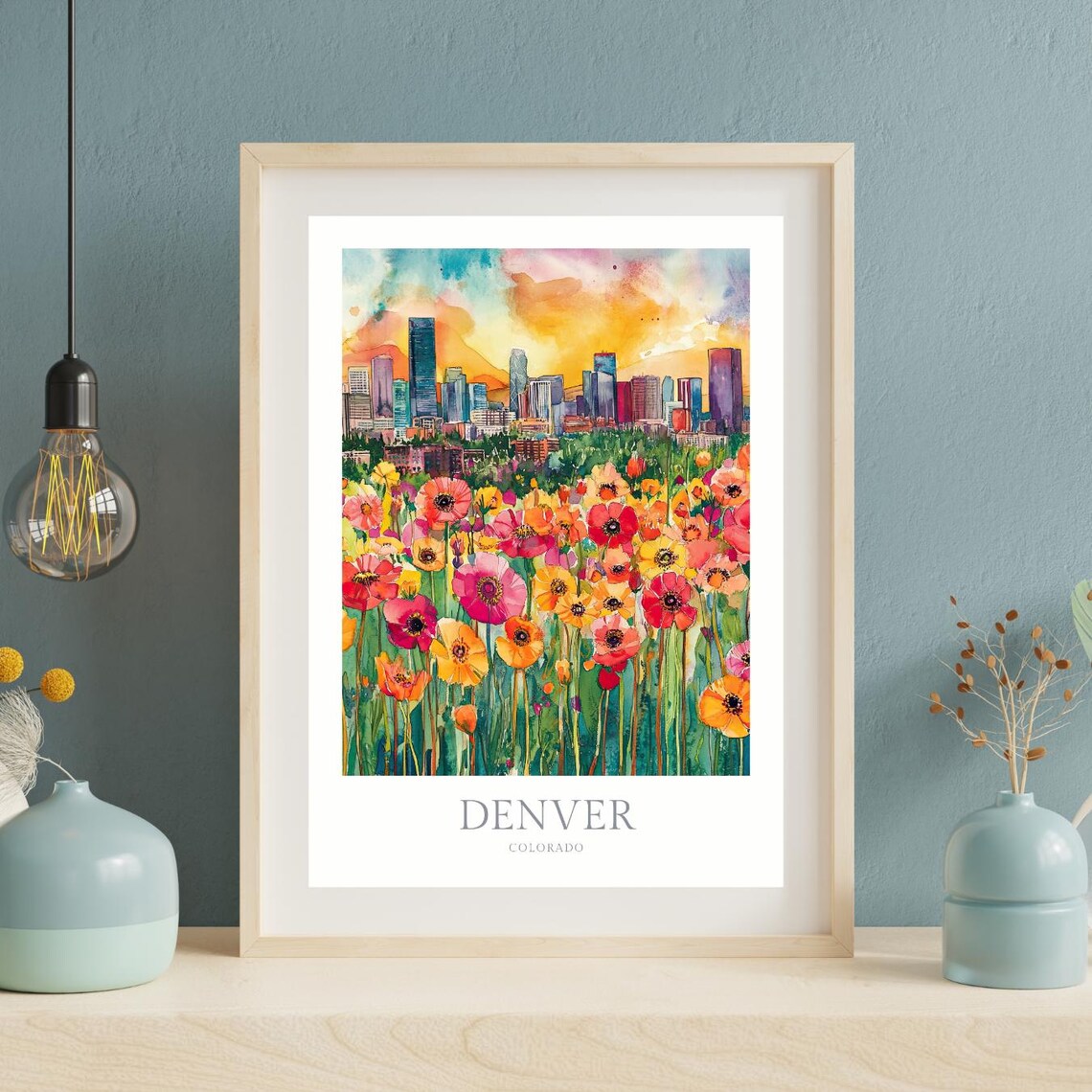 Denver Colorado Watercolor Skyline Wildflowers Sunset Travel Poster - Image 2