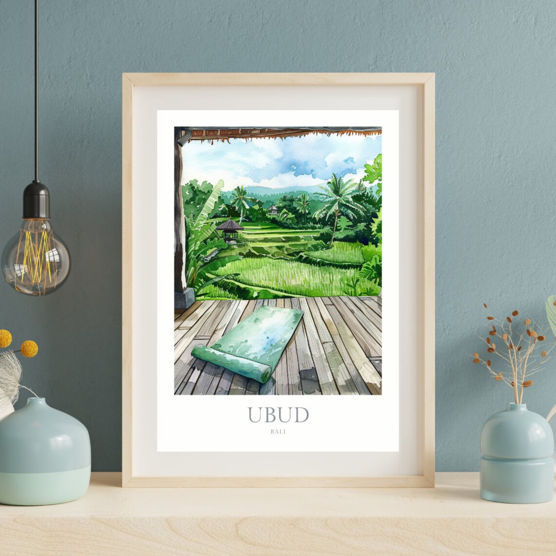 Ubud Bali Watercolor Rice Terraces Yoga Retreat Travel Poster - Image 2