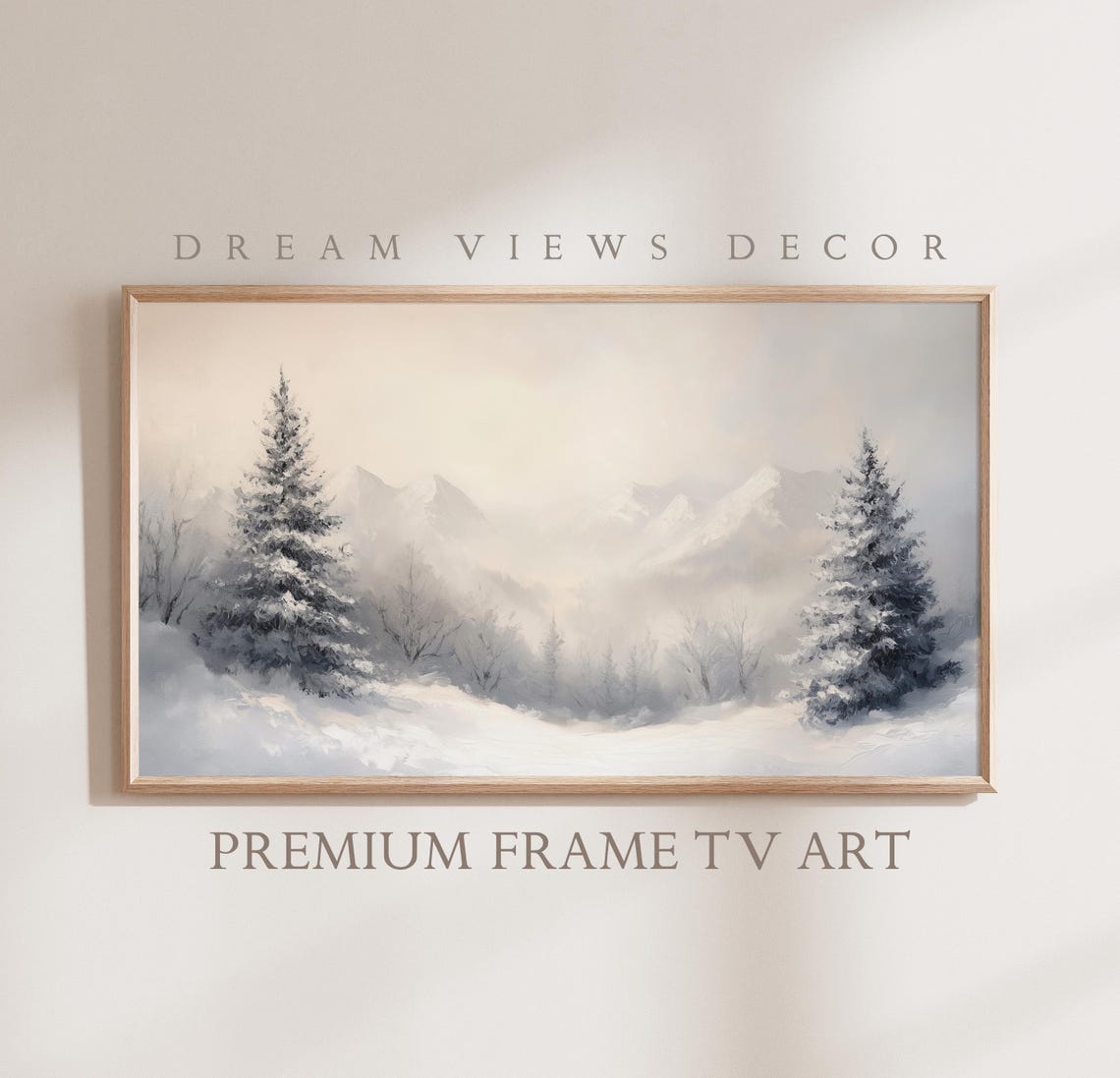 Snowy Evergreen Trees Misty Mountains Winter Neutral Frame TV Poster