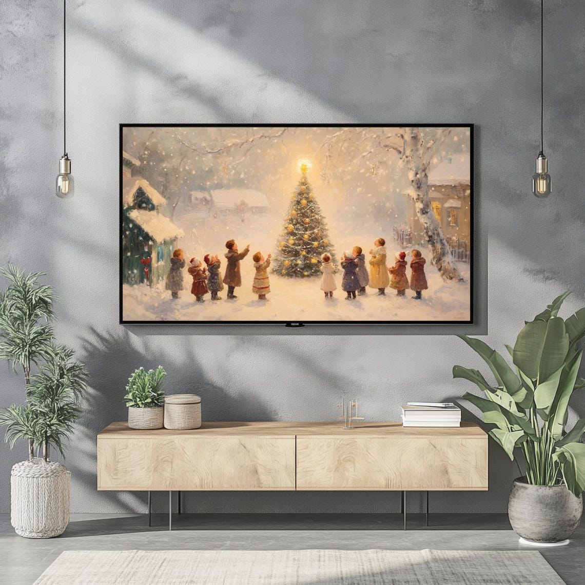Vintage Christmas Tree Children Snowy Night Frame TV Print Art - Image 2