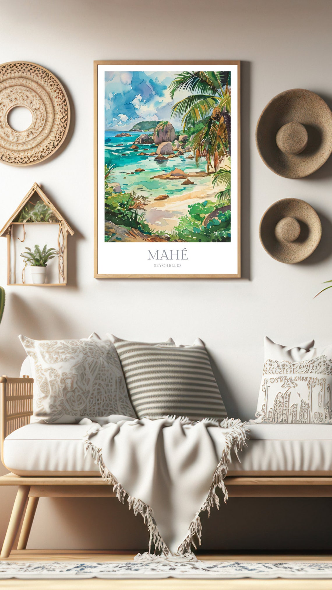 Mahe Seychelles Granite Rocks Palm Beach Tropical Watercolor Poster - Image 2