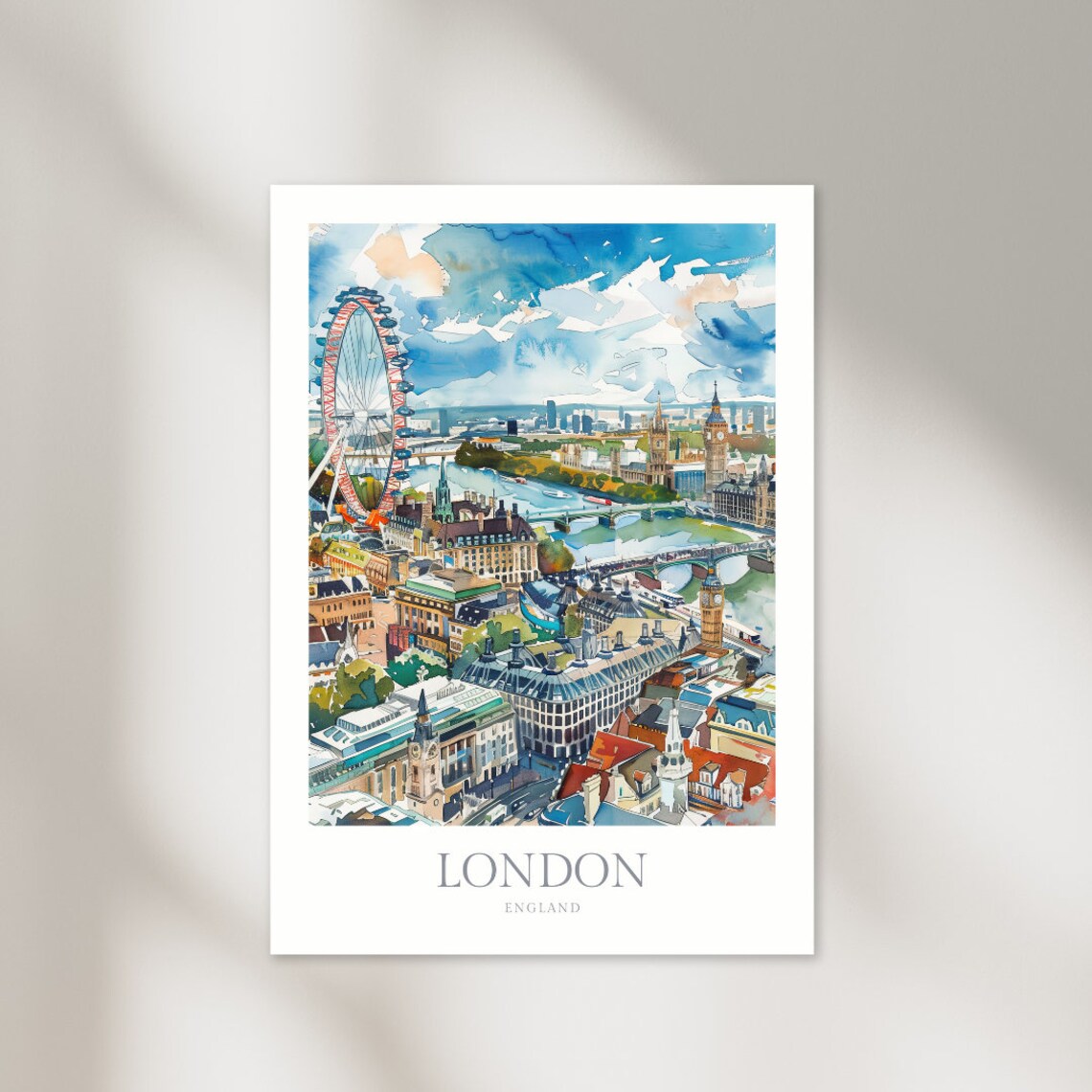 London England Watercolor Travel Poster, City View