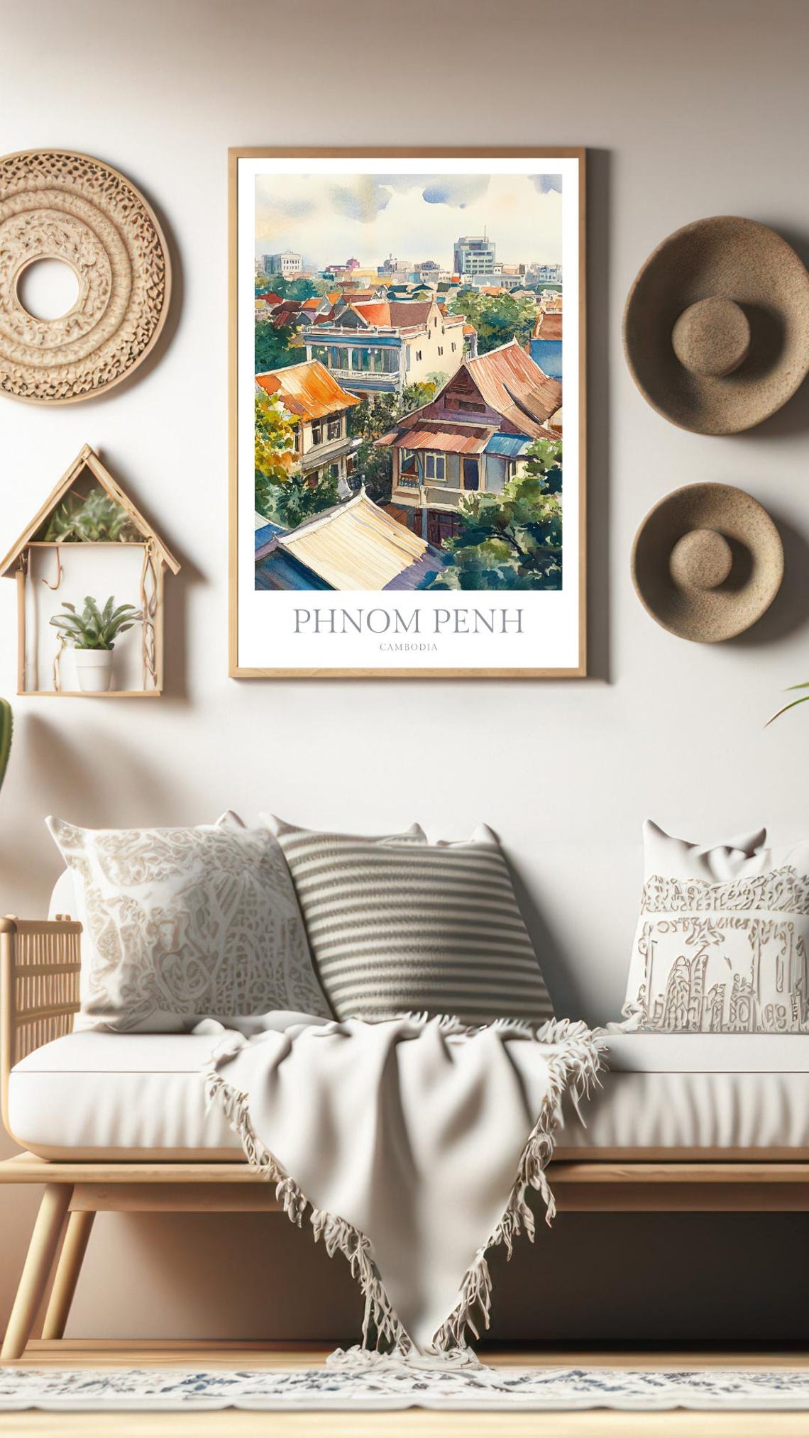 Phnom Penh Cambodia Rust Red Rooftops Watercolor Travel Art Poster - Image 2