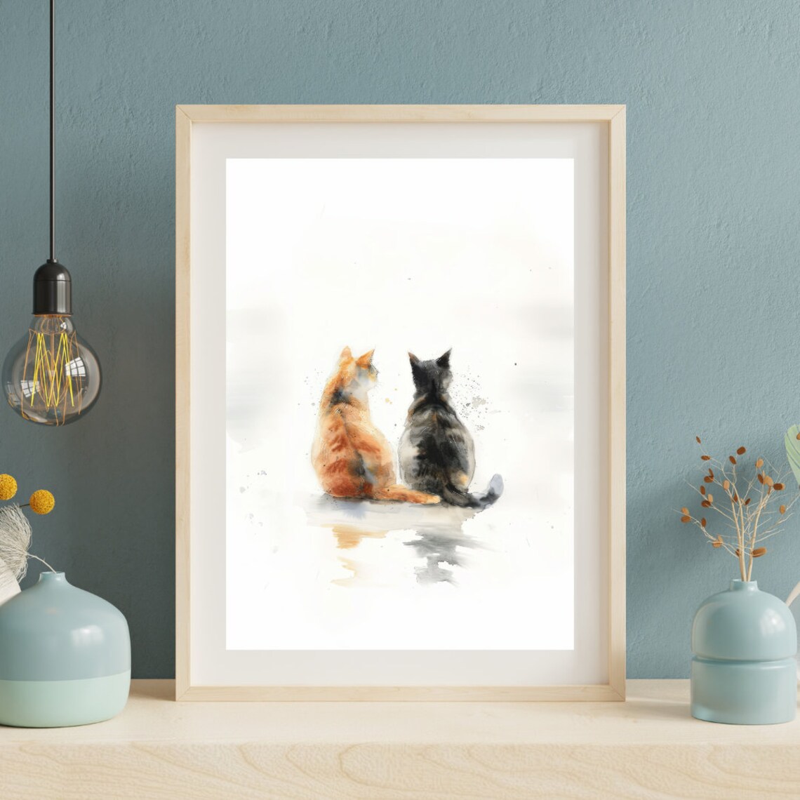 Two Cats Sitting Together Minimalist Watercolor Orange Black Feline Poster - Image 3