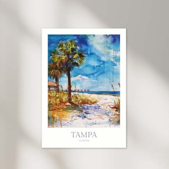 Tampa Florida Palm Trees Beach Pier Watercolor Travel Poster