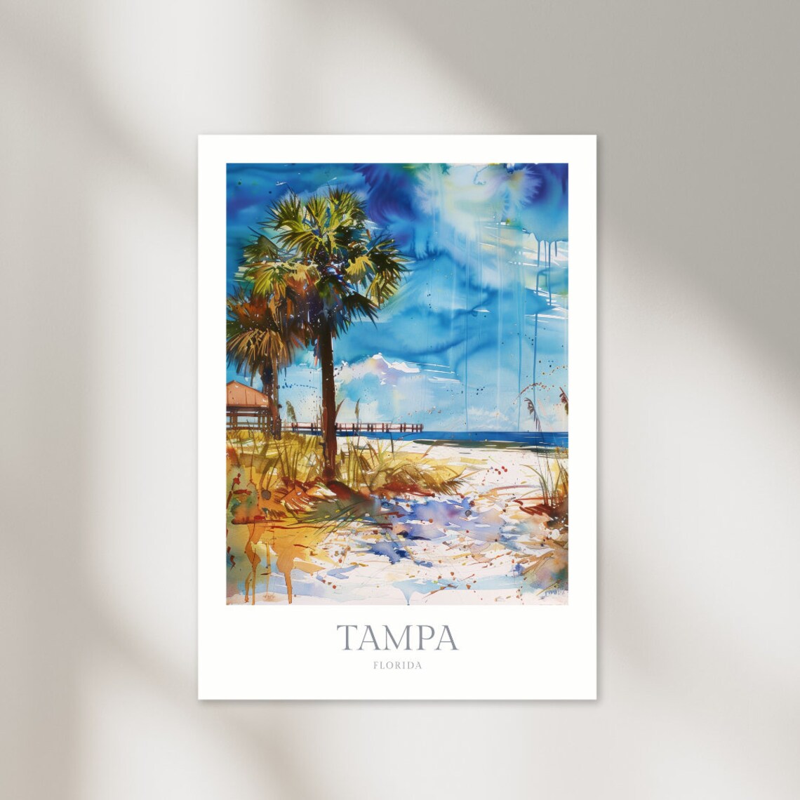 Tampa Florida Palm Trees Beach Pier Watercolor Travel Poster