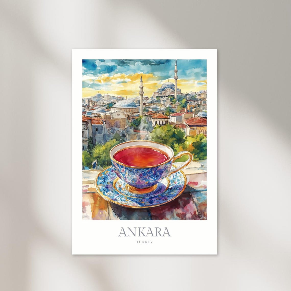 Ankara Turkey Turkish Tea Cup Mosque Skyline Watercolor Travel Poster