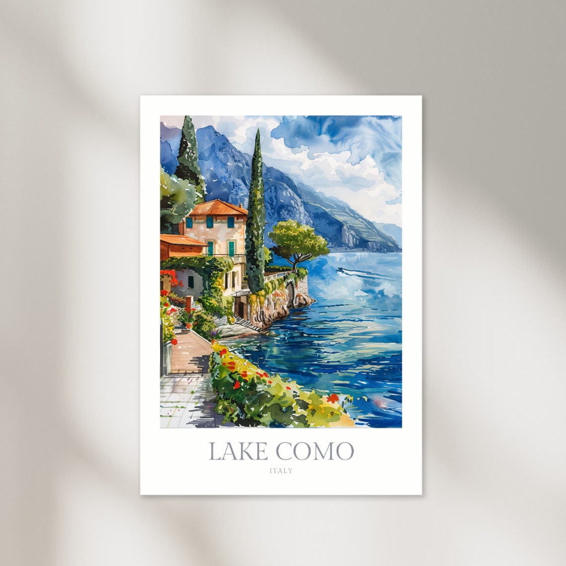Lake Como Italy Watercolor Lakeside Villa Mountains View Poster