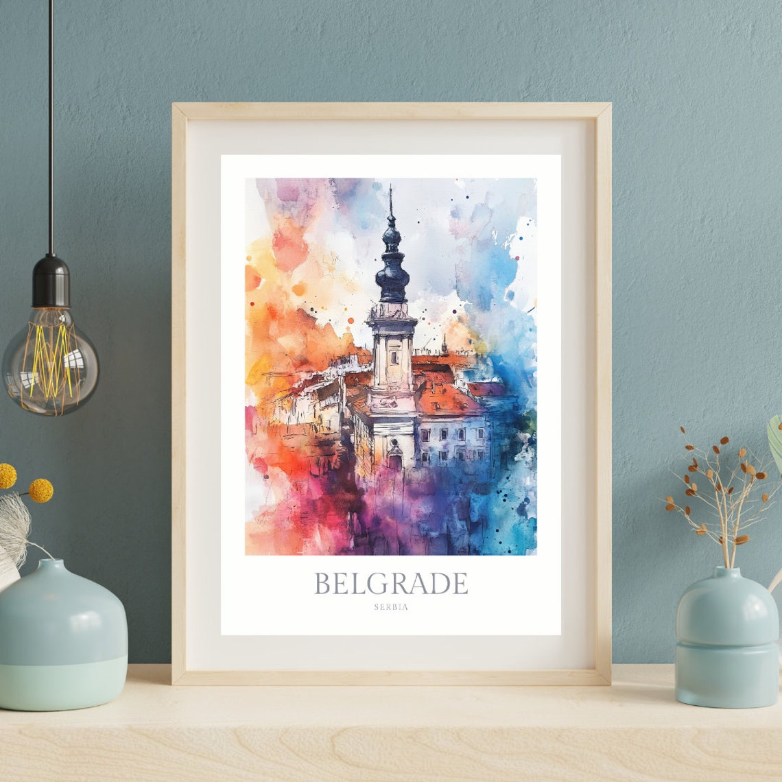 Belgrade Serbia Old Town Church Tower Abstract Watercolor Poster - Image 2