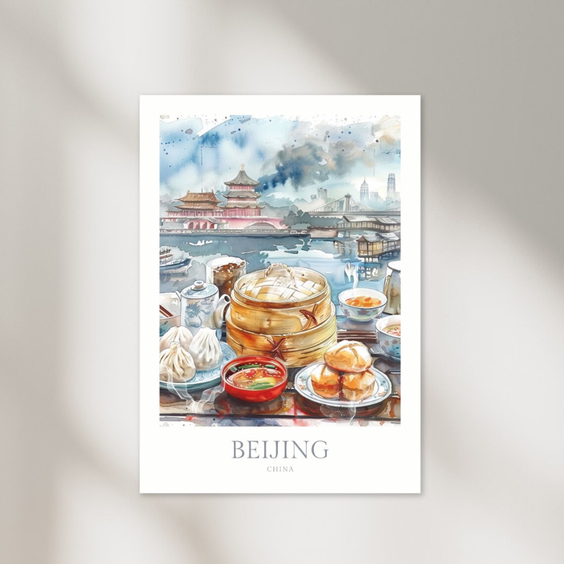 Beijing China Dim Sum Watercolor Pagoda Food Scene Travel Poster